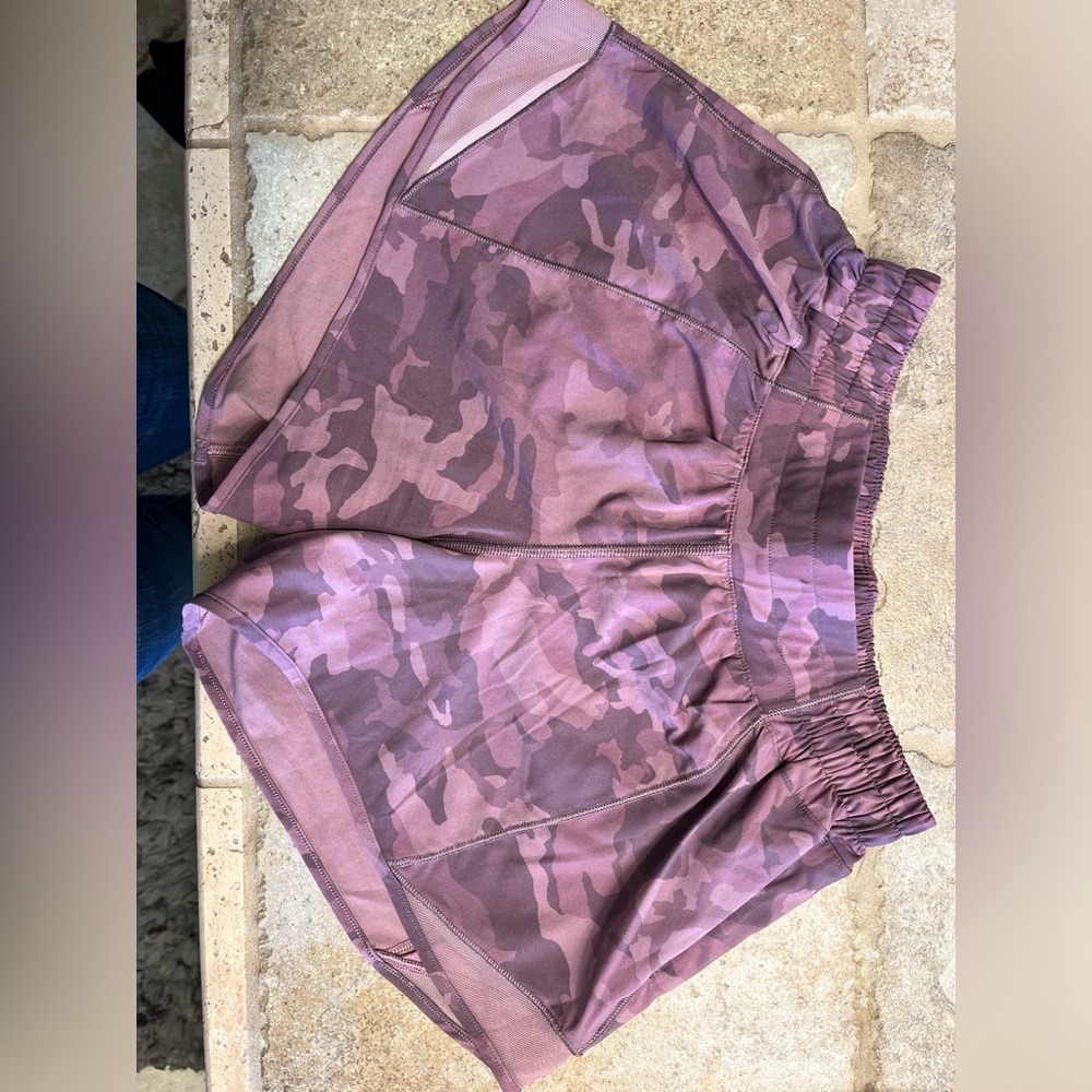 Lululemon Hotty Hot shorts.  Pink camo, size 4 tall, low rise.